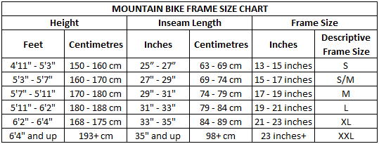 Bike Size Chart Inches